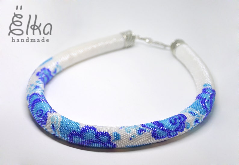 Bead crochet rope necklace Wedding choker Boho Seed bead necklace Gzhel Russian style statement necklace Blue flower Bridal necklace