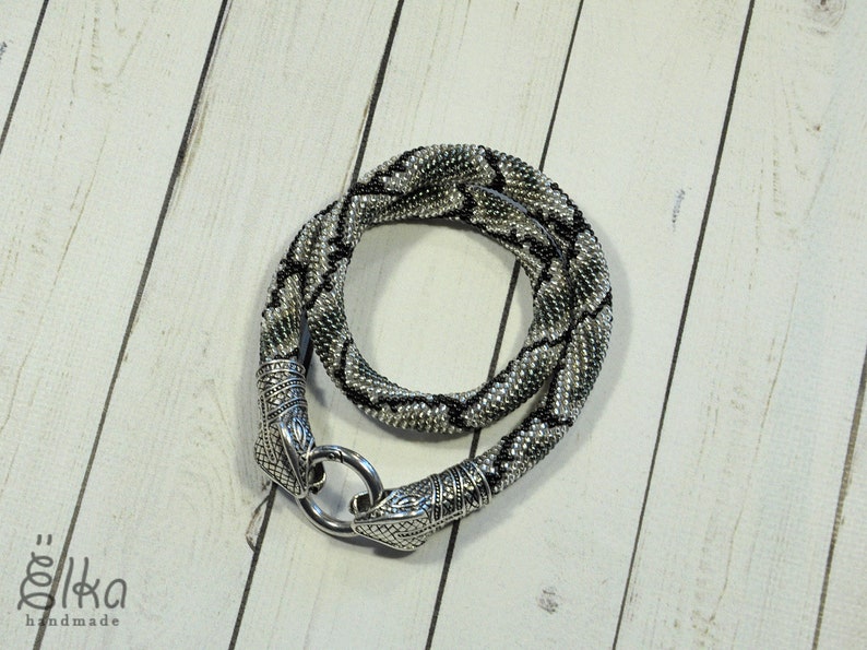 Animal necklace Bead crochet rope necklace Ouroboros jewelry Silver snake bead necklace Gray seed bead Statement necklace Snake choker