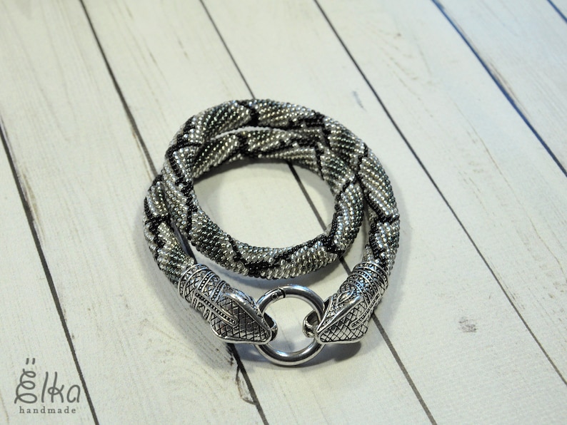 Animal necklace Bead crochet rope necklace Ouroboros jewelry Silver snake bead necklace Gray seed bead Statement necklace Snake choker