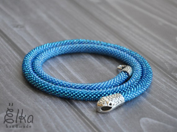 Animal necklace Bead crochet rope necklace Ouroboros jewelry Silver snake bead necklace Gray seed bead Statement necklace Snake choker