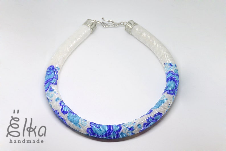 Bead crochet rope necklace Wedding choker Boho Seed bead necklace Gzhel Russian style statement necklace Blue flower Bridal necklace