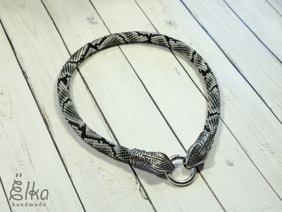 Animal necklace Bead crochet rope necklace Ouroboros jewelry Silver snake bead necklace Gray seed bead Statement necklace Snake choker