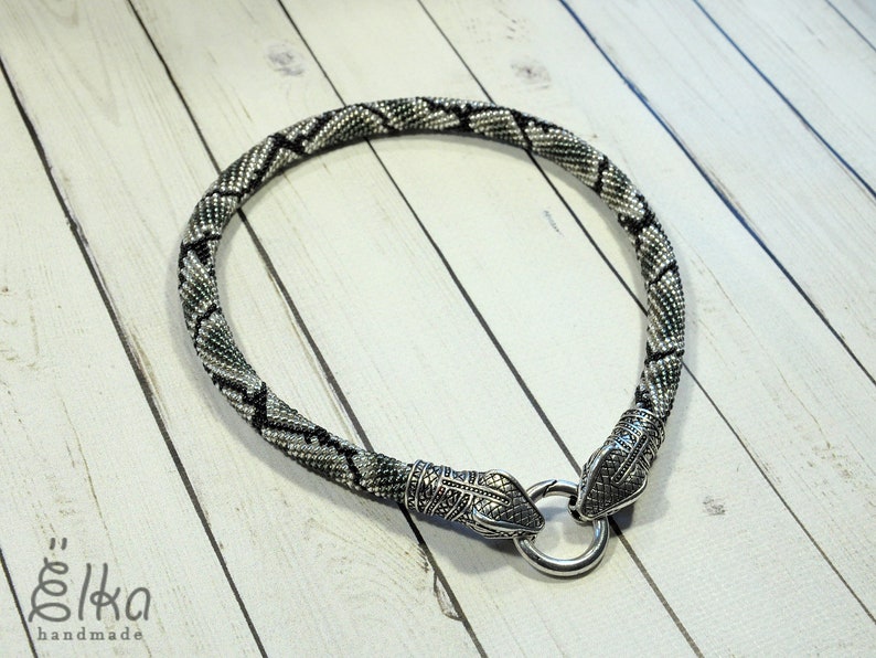 Animal necklace Bead crochet rope necklace Ouroboros jewelry Silver snake bead necklace Gray seed bead Statement necklace Snake choker