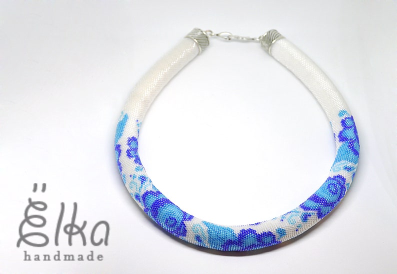 Bead crochet rope necklace Wedding choker Boho Seed bead necklace Gzhel Russian style statement necklace Blue flower Bridal necklace