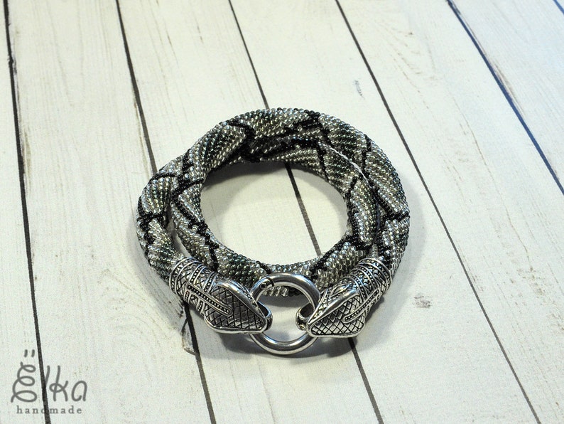 Animal necklace Bead crochet rope necklace Ouroboros jewelry Silver snake bead necklace Gray seed bead Statement necklace Snake choker