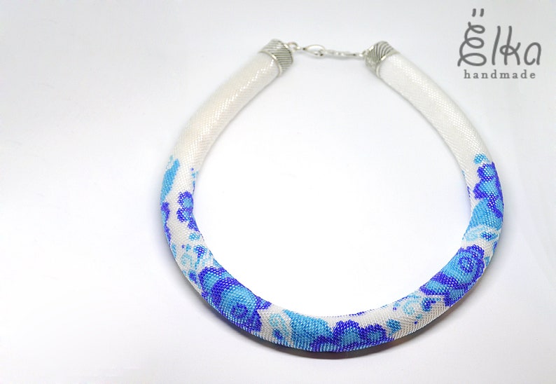Bead crochet rope necklace Wedding choker Boho Seed bead necklace Gzhel Russian style statement necklace Blue flower Bridal necklace