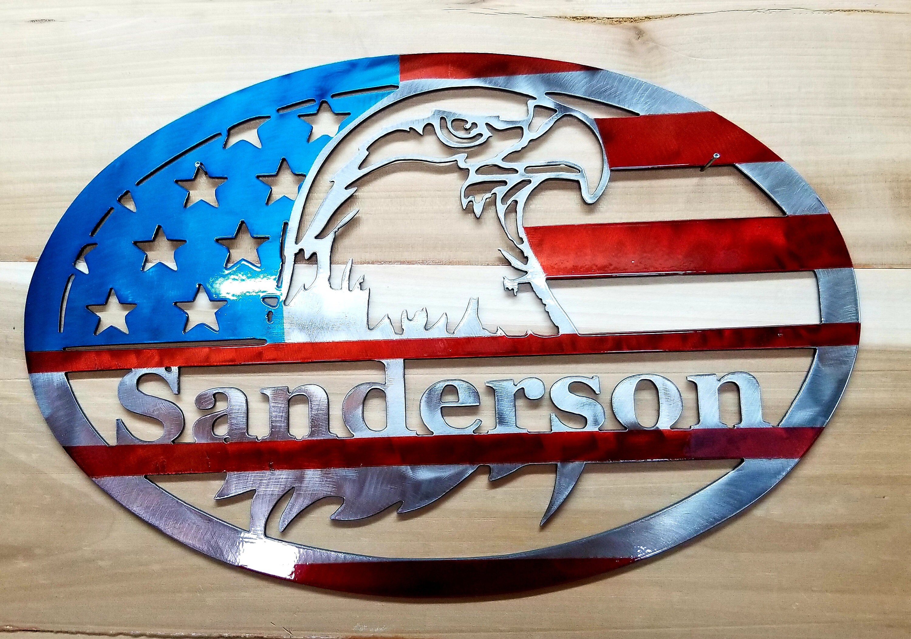 Eagle with American Flag metal sign name sign with last name Custom P…