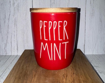 Rae Dunn “PEPPERMINT" red ceramic canister with wooden lid