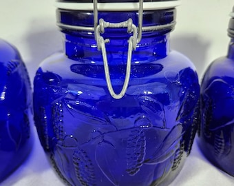 Vintage Set of 3 Crownford Giftware NY 1983 Cobalt Blue Clip-Top Canister Set Made in Italy w/New Silicone Seals - LN + Extra Seals