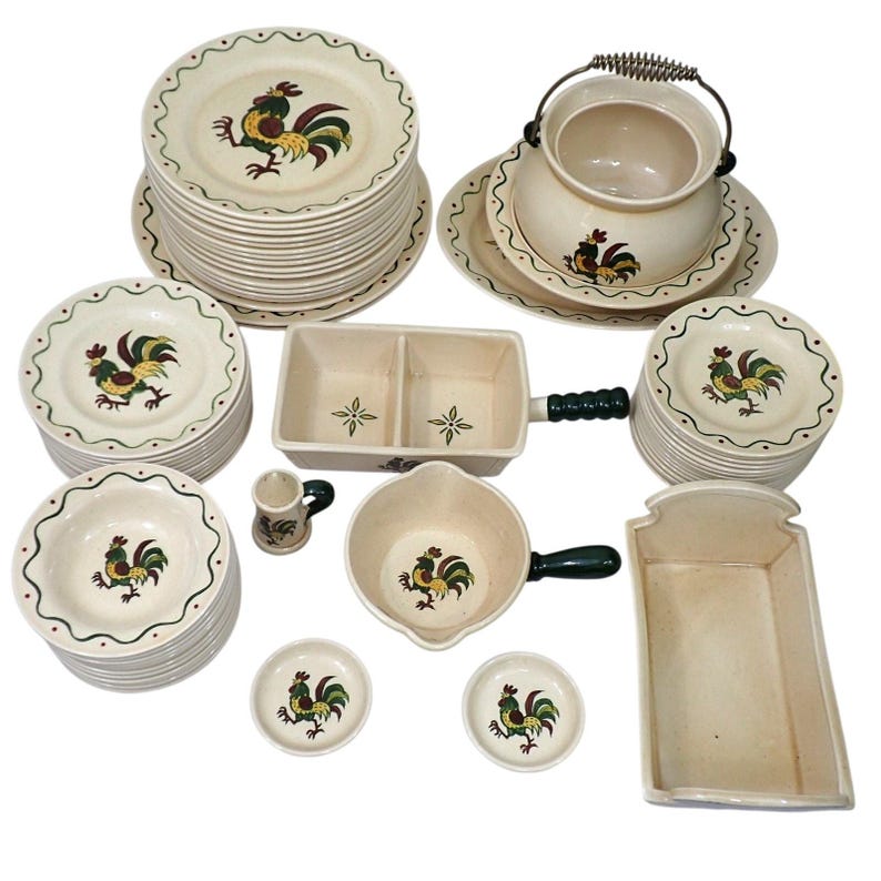 Chicken Dinnerware Set Vintage Metlox Poppytrail California Provincial Rooster Dinnerware Set ...