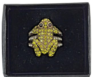 Vintage Heidi Daus Swarovski Frog Ring White Green Crystals Brass Signed Size 8 - Great Gift for Birthday&#39;s, Anniversaries