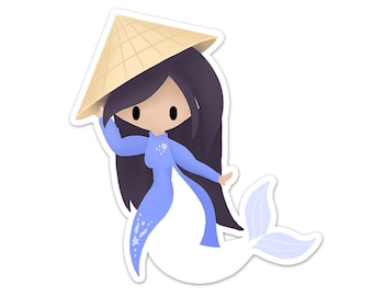 Mermaid of Vietnam Sticker (Mermaids of the World Collection), Cute Mermaid, Paper or Vinyl Sticker, Vietnamese Mermaid