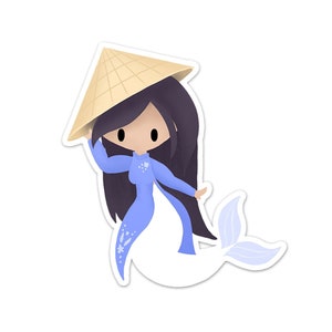 Puede incluir: Una sirena azul y blanca con cabello negro largo que lleva un sombrero c&oacute;nico vietnamita tradicional. La sirena sonr&iacute;e y tiene una expresi&oacute;n amigable.
