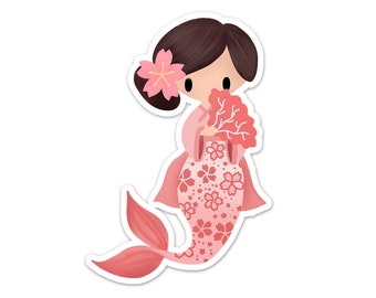 Etiqueta engomada de sirena de Japón (colección de sirenas del mundo), sirena linda, etiqueta engomada de papel o vinilo, sirena japonesa con kimono