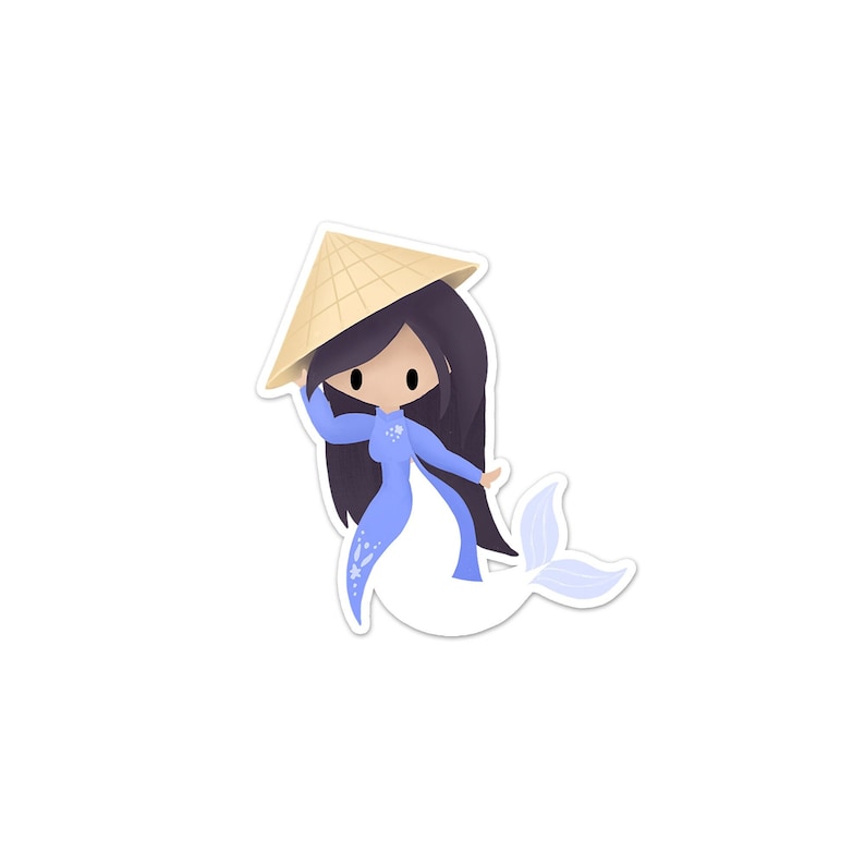Puede incluir: Una sirena azul y blanca con cabello negro largo que lleva un sombrero c&oacute;nico vietnamita tradicional. La sirena sonr&iacute;e y tiene una expresi&oacute;n amigable.