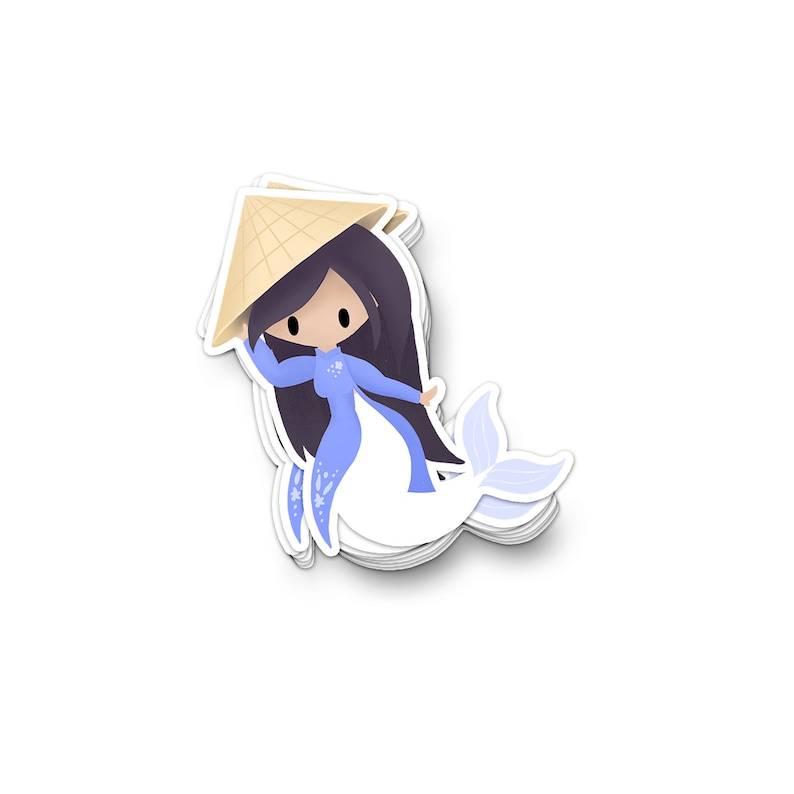 Puede incluir: Una pegatina de una sirena azul con un sombrero de paja c&oacute;nico y una cola blanca. La sirena tiene el pelo largo y negro y lleva un vestido azul.