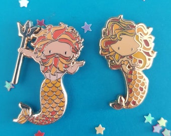 Mini Zodiac Mermaid & Merman Pair of Enamel Pins - Leo