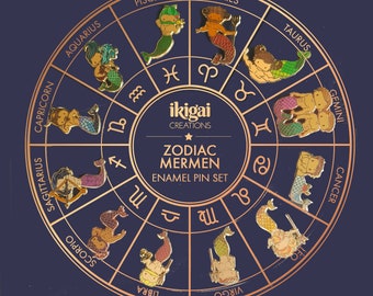 Set of 12 Kawaii Zodiac Mermen Enamel Pins, Zodiac Mermen Pin Set Collection