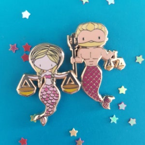 Mini Zodiac Mermaid & Merman Pair of Enamel Pins - Libra