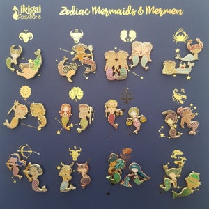 Conjunto de 24 Pines de Esmalte Kawaii Zodiac Mermies, 12 Sirenas & 12 Mermen