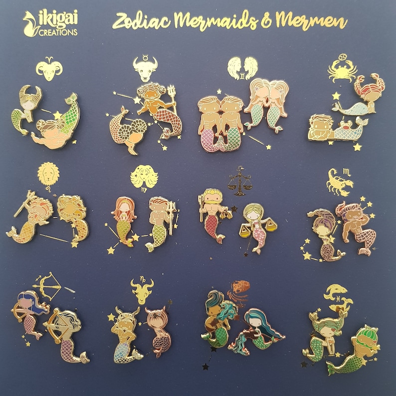 Set of 24 Kawaii Zodiac Mermies Enamel Pins, 12 Mermaids & 12 Mermen ...