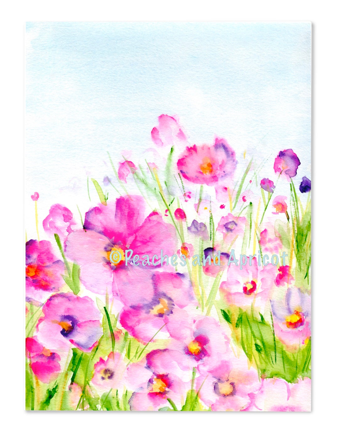Pink Flowers Field of Flowers Watercolor Flowers Etsy