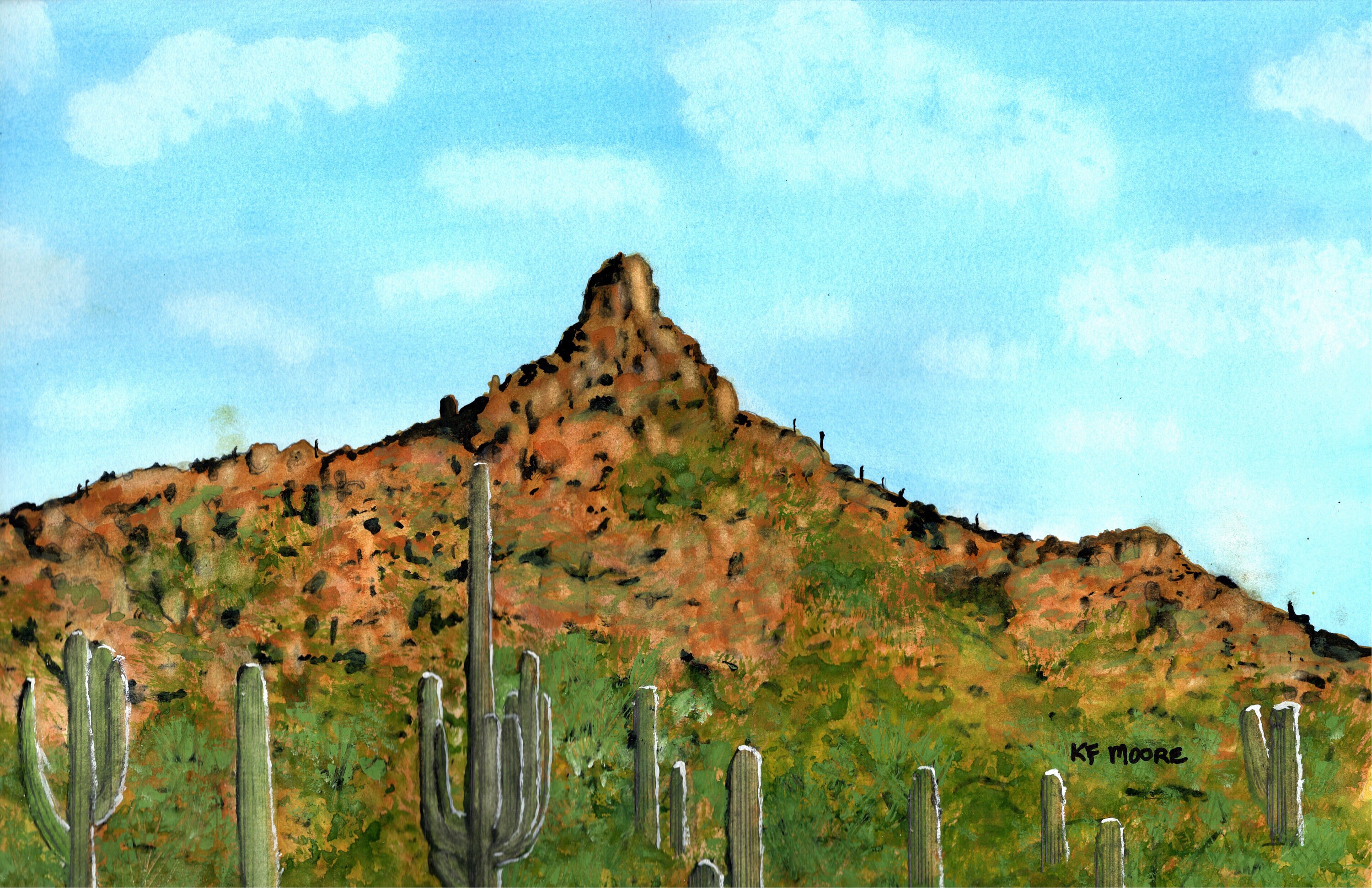 Who has Climbed Pinnacle Peak Original Watercolor 17" x 11". Prints, coffee mugs, T-Shirts and Hoodies are available at www.kfmoore.com