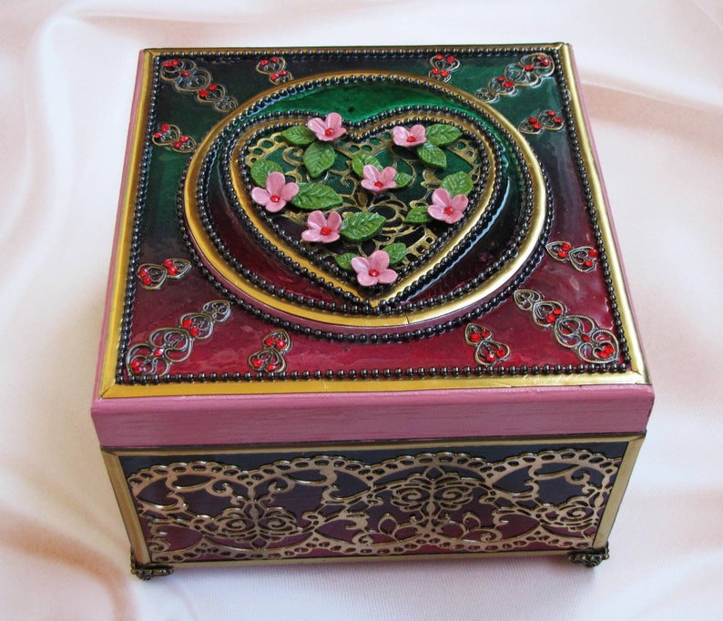 trinket organizer home decor box heart gift Wooden Jewelry Box unique unusual design Decorative elegant box with flowers