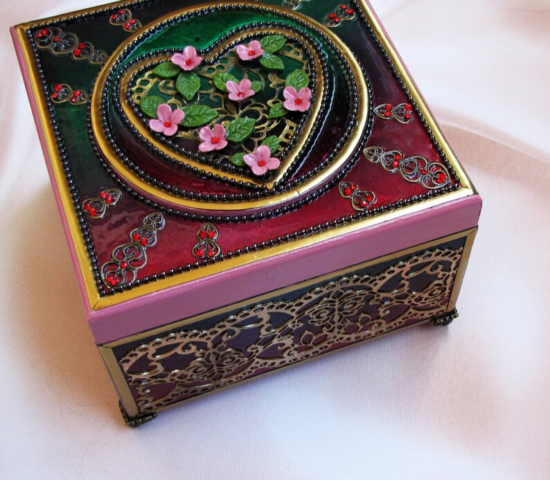 trinket organizer home decor box heart gift Wooden Jewelry Box unique unusual design Decorative elegant box with flowers