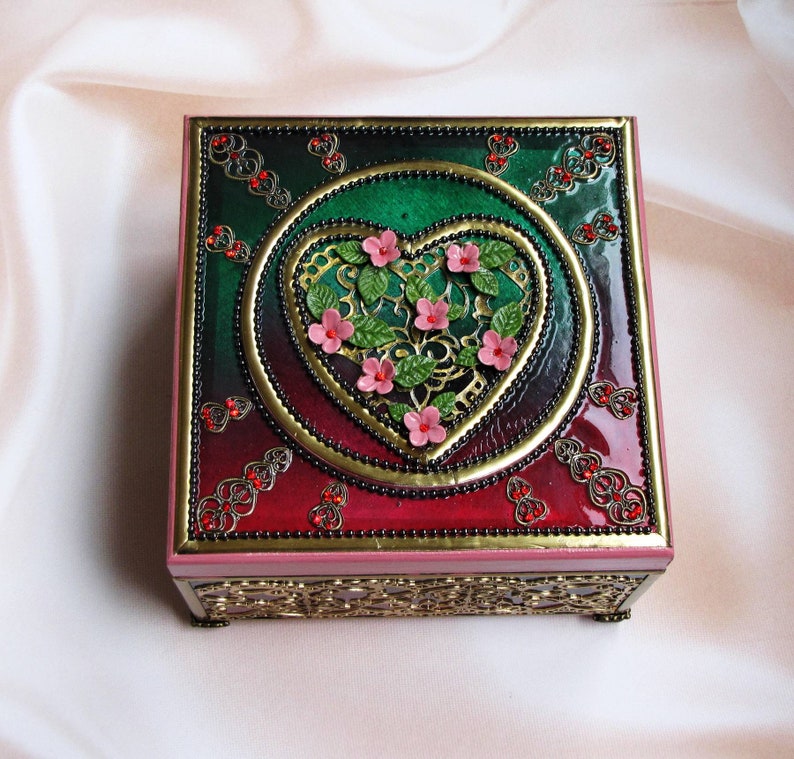 trinket organizer home decor box heart gift Wooden Jewelry Box unique unusual design Decorative elegant box with flowers