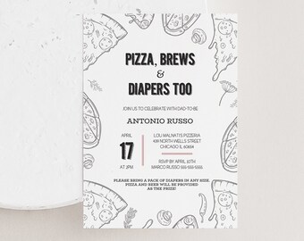 Może przedstawiać: Czarno-białe zaproszenie z motywem pizzy. Tekst brzmi "Pizza, piwo i pieluchy też". Zaproszenie na imprezę z okazji zostania tatą dla Antonio Russo. Impreza odbędzie się w Lou Malnati's Pizzeria 17 kwietnia o 14:00. Prosimy o potwierdzenie obecności do 10 kwietnia u Marco Russo.