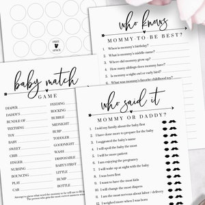 May include: Three printable baby shower game cards with black text on white backgrounds. The first card is a bingo card with circles for players to mark off. The second card is a "Who Knows Mommy-to-be Best?" game with questions for guests to answer. The third card is a "Who Said It? Mommy or Daddy?" game with a list of statements for guests to guess who said them.