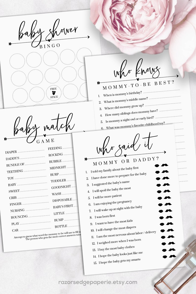 May include: Three printable baby shower game cards with black text on white backgrounds. The first card is a bingo card with circles for players to mark off. The second card is a "Who Knows Mommy-to-be Best?" game with questions for guests to answer. The third card is a "Who Said It? Mommy or Daddy?" game with a list of statements for guests to guess who said them.