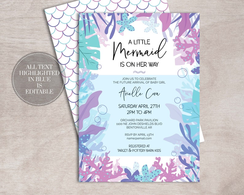 Mermaid Baby Shower Invitation Girl PRINTABLE INSTANT DOWNLOAD Under the Sea image 2