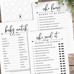 May include: Three printable baby shower game cards with black text on a white background. The first card is a bingo card with circles for players to mark off. The second card is a "Who Knows Mommy-to-be Best?" game with questions about the mother-to-be. The third card is a "Who Said It? Mommy or Daddy?" game with a list of statements about the pregnancy and a space for players to guess who said it.