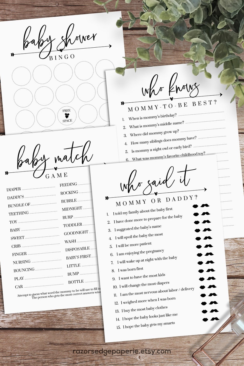 May include: Three printable baby shower game cards with black text on a white background. The first card is a bingo card with circles for players to mark off. The second card is a "Who Knows Mommy-to-be Best?" game with questions about the mother-to-be. The third card is a "Who Said It? Mommy or Daddy?" game with a list of statements about the pregnancy and a space for players to guess who said it.
