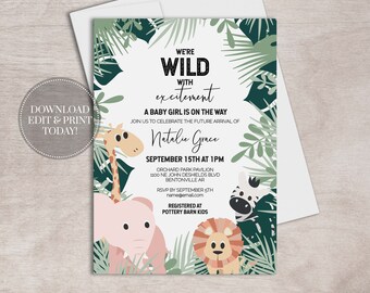 May include: A baby shower invitation with a jungle theme. The invitation features a giraffe, elephant, lion, and zebra. The text reads "We're Wild with Excitement" and announces the arrival of Natalie Grace on September 15th at 1 PM.