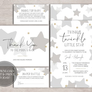 Twinkle Twinkle Little Star Baby Shower Invitation Pack for Gender Neutral Baby Shower | PRINTABLE | INSTANT DOWNLOAD | Gray