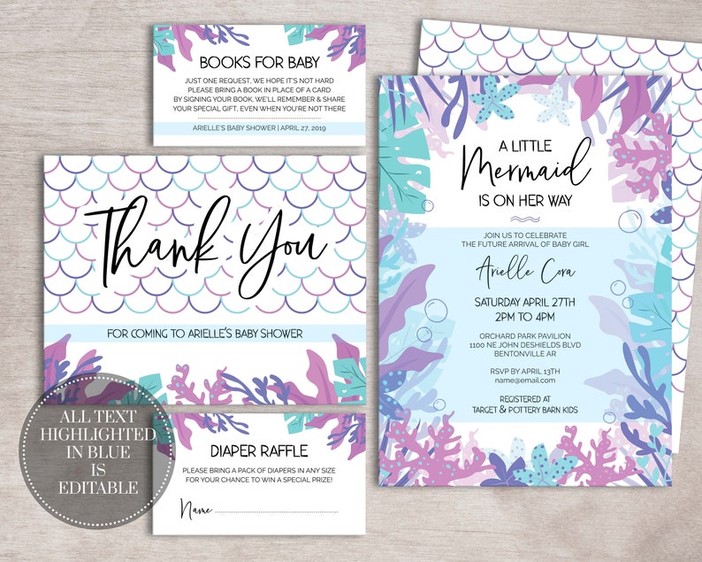 Mermaid Baby Shower Invitation Pack PRINTABLE INSTANT DOWNLOAD Under the Sea image 2