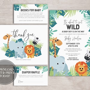 Jungle Baby Shower Invitation Pack for Safari Baby Shower Boy with Elephant Lion Giraffe Zebra | PRINTABLE | INSTANT DOWNLOAD | Get Wild