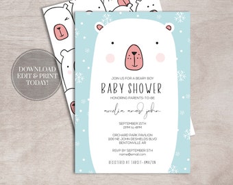 Polar Bear Winter Baby Shower Invitation | Printable, Beary Boy (Instant Download)