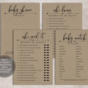 May include: Four printable baby shower game cards with a rustic brown background and black text. The games include "Baby Shower Bingo", "Who Knows Mommy-to-be Best?", "Who Said It: Mommy or Daddy?" and "Baby Match Game".