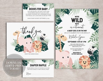 May include: A jungle-themed baby shower invitation with a pink elephant, giraffe, lion, and zebra. The invitation reads "We're Wild with Excitement, A Baby Girl is on the Way, Natalie Grace, September 15th at 1pm".