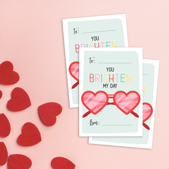 Heart Sunglasses Classroom Valentines Day Cards for Kids School Valentines | PRINTABLE | INSTANT DOWNLOAD | Brighten