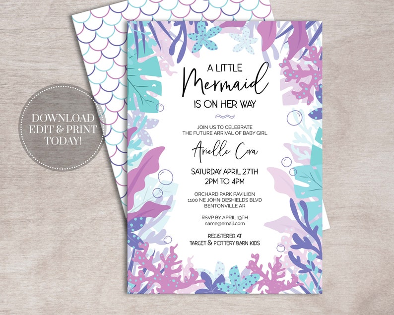 Mermaid Baby Shower Invitation Girl PRINTABLE INSTANT DOWNLOAD Under the Sea image 1