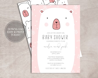 Winter Polar Bear Baby Shower Invitation | Girl (Printable, Instant Download)