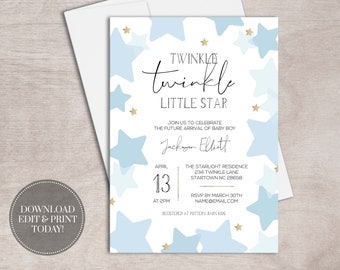 Twinkle Twinkle Little Star Baby Shower Invitation for Baby Boy Shower | PRINTABLE | INSTANT DOWNLOAD | Blue