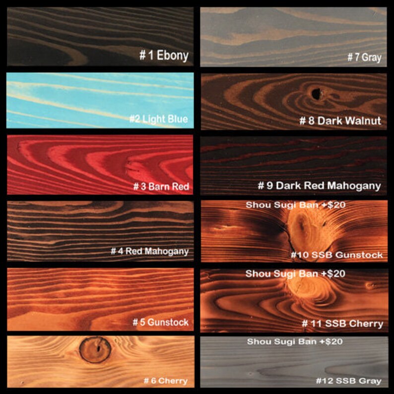 K&ouml;nnte beinhalten: Eine Holzbeizfarbkarte mit 12 verschiedenen Holzbeizfarben. Die Farben umfassen Ebenholz, Hellblau, Scheunenrot, Rotmahagoni, Gewehrschaft, Kirsche, Grau, Dunkelwalnuss, Dunkelrotmahagoni, SSB Gewehrschaft, SSB Kirsche und SSB Grau. Die Karte enth&auml;lt auch den Text "Shou Sugi Ban +20 &euro;" f&uuml;r einige der Farben.