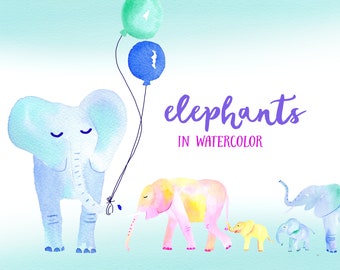 Könnte beinhalten: Aquarell-Illustration von fünf Elefanten in einer Reihe. Der erste Elefant ist blau und hält einen blauen und grünen Ballon. Die anderen Elefanten sind rosa, gelb und grau. Der Text "Elefanten in Aquarell" ist in Lila unter den Elefanten geschrieben.