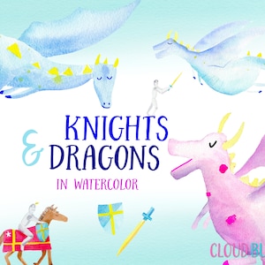 Dragon clipart, Knight Clipart, Fairytale clipart, Boys Birthday invitation, watercolor clipart